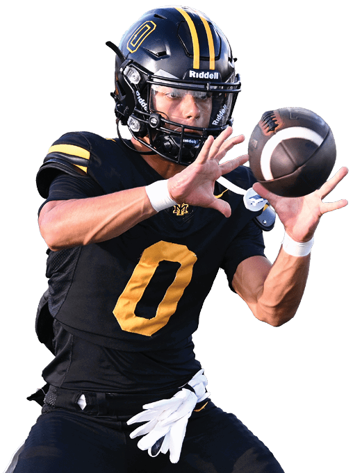 A person wearing a black and yellow football uniform with the number zero is preparing to throw a football. Description generated by AI