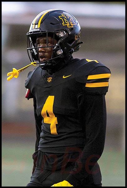 A person wearing a black and yellow sports uniform and helmet stands on a field. Description generated by AI