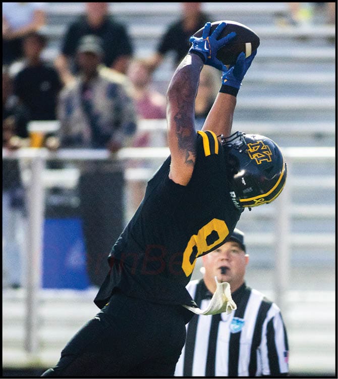 An adult in a black and yellow football uniform is jumping and reaching up to catch a football while a referee watches in the background on a sports field. Description generated by AI
