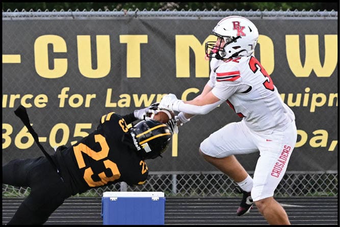 A person in a referee uniform watches as a player in a black and yellow football uniform dives to catch a football on a field. Description generated by AI