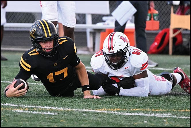 A person wearing a black and yellow football uniform with the number 17 is holding a football and falling to the ground while another person in a white and red football uniform with the number 19 reaches toward them on a football field. Description generated by AI