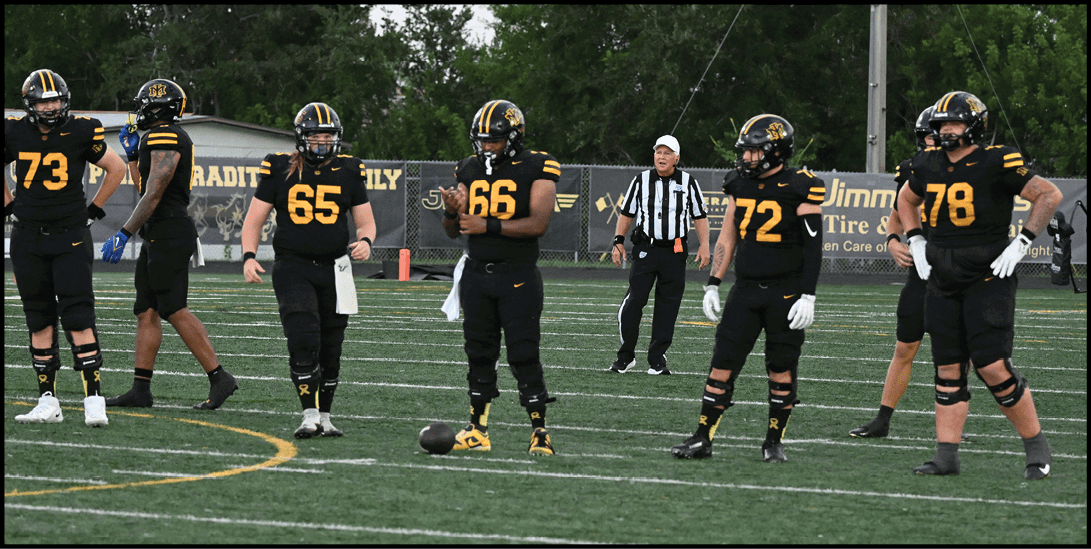 Six adults in black and yellow football uniforms stand on a green field with a referee in the background. Description generated by AI