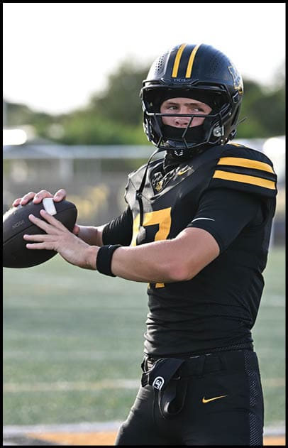 Person wearing a black and yellow football uniform and helmet is looking to the side on a sports field. Description generated by AI