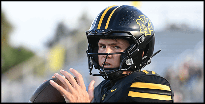 A person wearing a black and yellow football uniform and helmet is holding a football and appears to be preparing to throw it. Description generated by AI