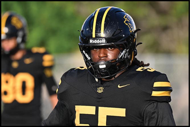A person wearing a black and yellow football uniform and helmet with the number 55 stands on a field with another player blurred in the background. Description generated by AI