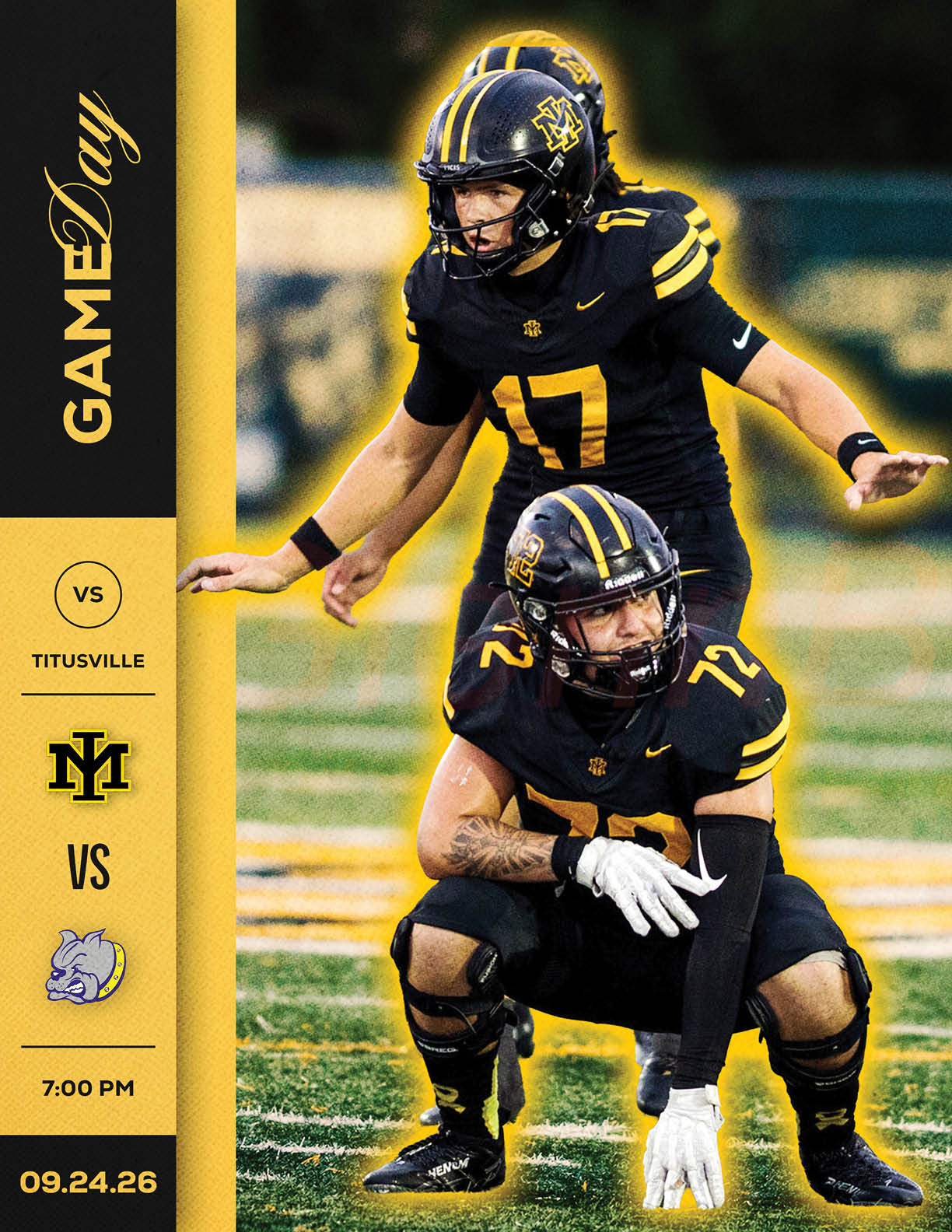 Two football players in black and yellow uniforms are on a field with one player crouching and the other standing behind preparing to snap the ball, alongside a graphic showing a game day matchup between teams from Titusville and another team with a horned animal mascot. Description generated by AI