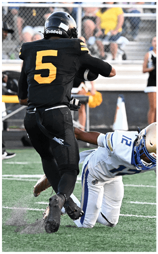 A football player running on the field. Description generated by AI