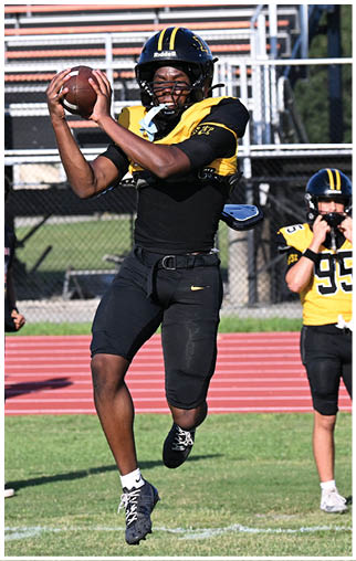 A football player running on the field. Description generated by AI