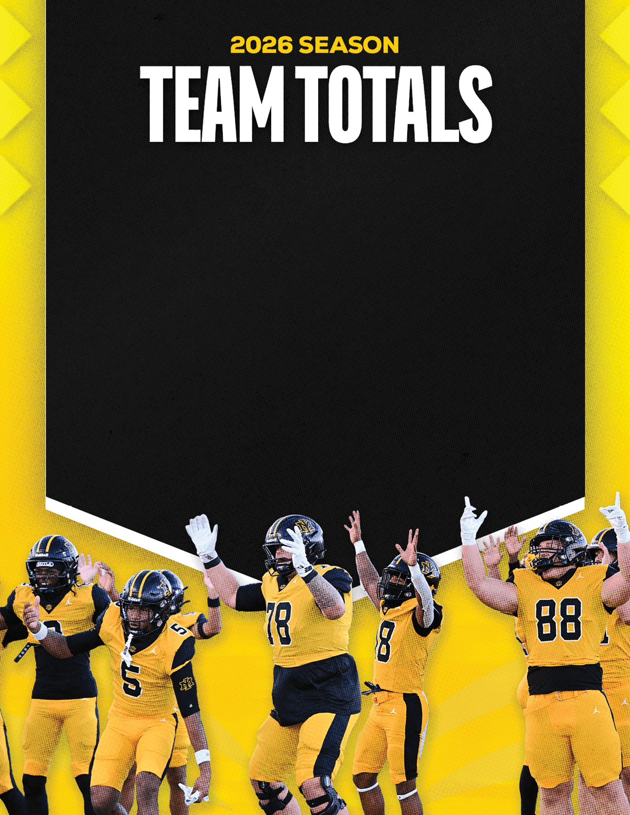 A group of football players standing in front of a black and yellow sign. Description generated by AI