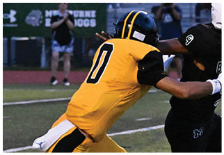 Two football players wearing blue and white uniforms. Description generated by AI
