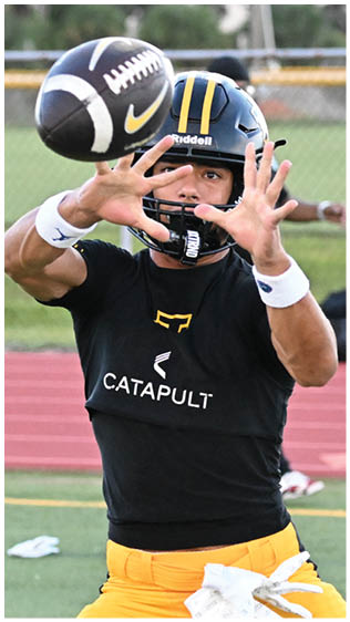 Two football players wearing blue and white uniforms. Description generated by AI