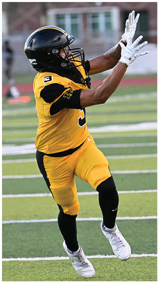 Two football players wearing blue and white uniforms. Description generated by AI