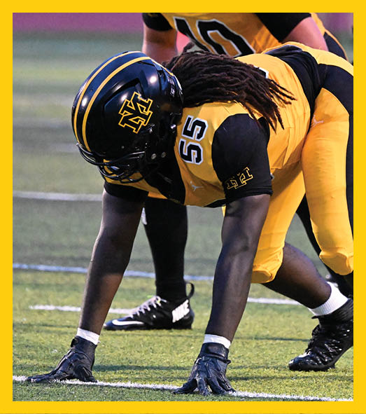A person with curly hair wearing a black football uniform with “VISTA" on the jersey is sitting on a grassy field with one leg bent and the other extended. Description generated by AI