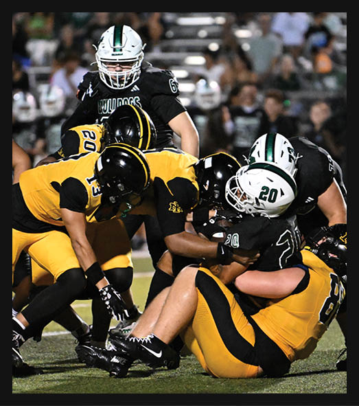 Two people in green football uniforms kneel on a field holding their helmets with heads bowed while cheerleaders stand blurred in the background. Description generated by AI