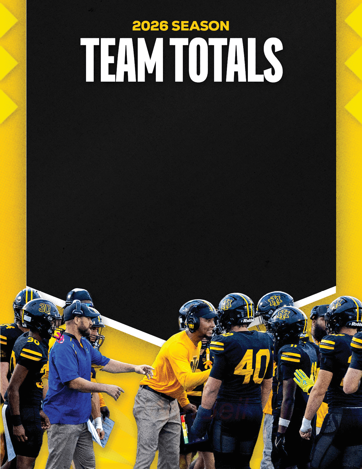 A group of football players standing in front of a black and yellow sign. Description generated by AI