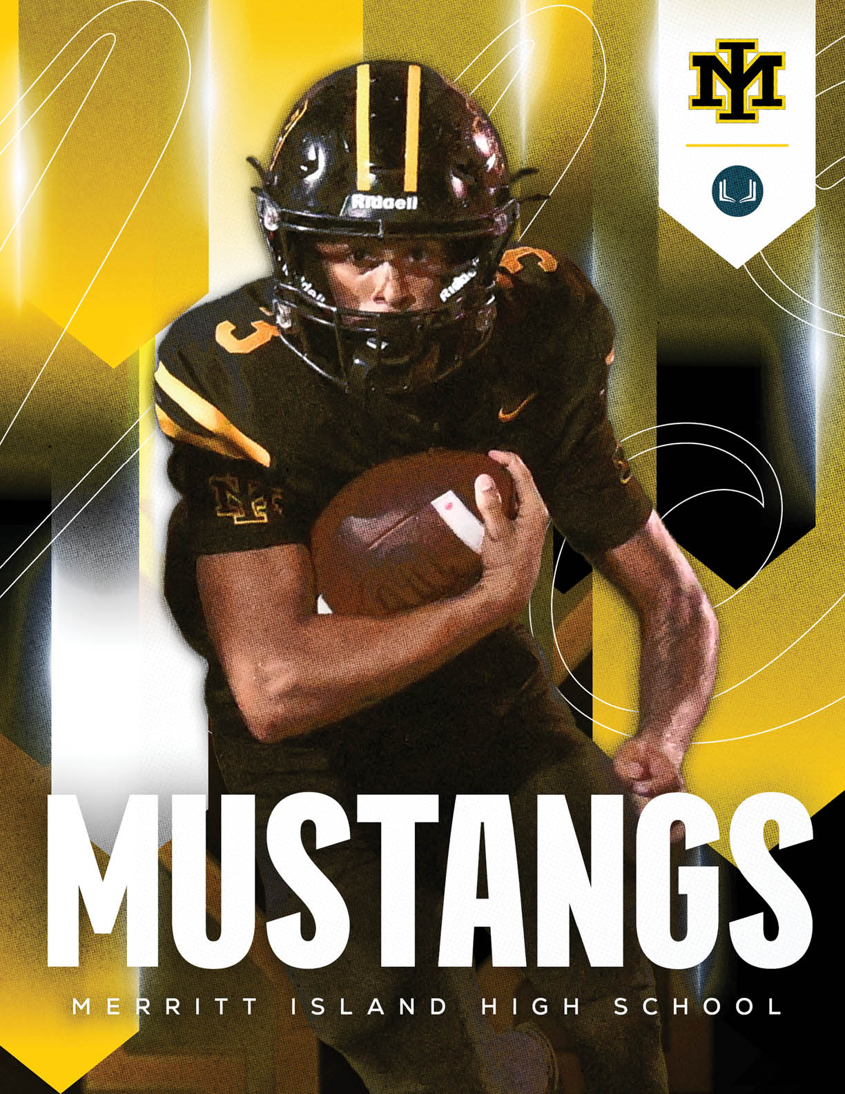 A person wearing a black and yellow football uniform and helmet is holding a football and running, with the word Mustangs and Merritt Island High School displayed below. Description generated by AI