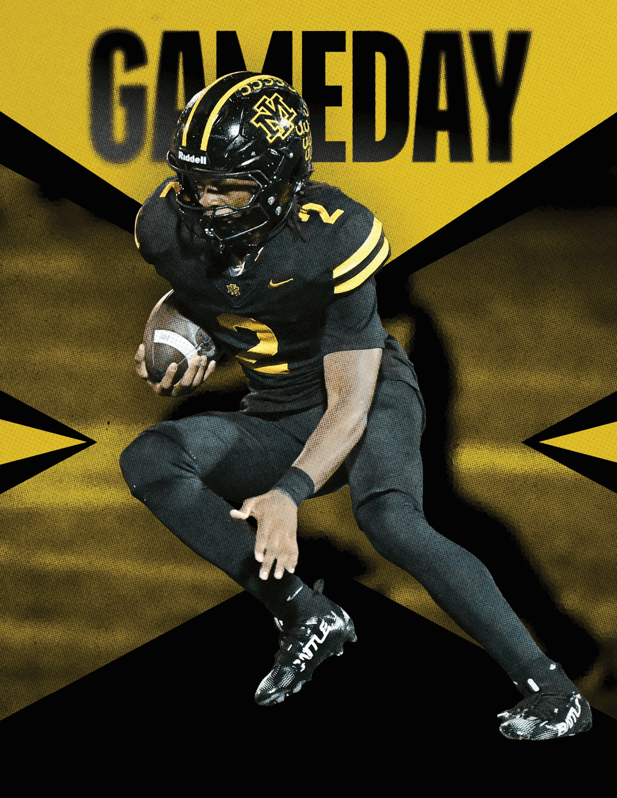 A person in a black and yellow football uniform is holding a football and poised in a running stance with the word GAMEDAY in bold black letters on a yellow and black background. Description generated by AI