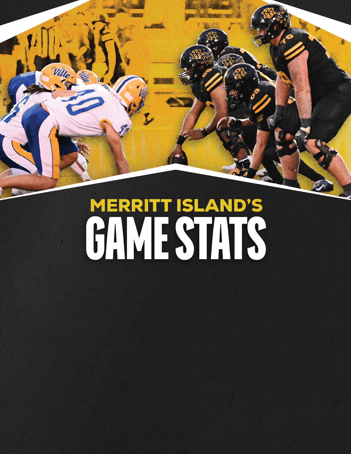 Two opposing football teams in uniform are lined up facing each other on a field with the text Merritt Island's Game Stats below them. Description generated by AI