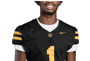 A person wearing a black sports jersey with yellow stripes on the sleeves and the number one on the front is smiling. Description generated by AI