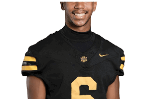 Person wearing a black sports jersey with yellow stripes on the sleeves and the number six on the front smiling against a white background. Description generated by AI