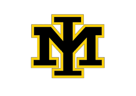 A bold black letter Y is centered and intertwined with large black letters M on each side, all outlined in yellow. Description generated by AI