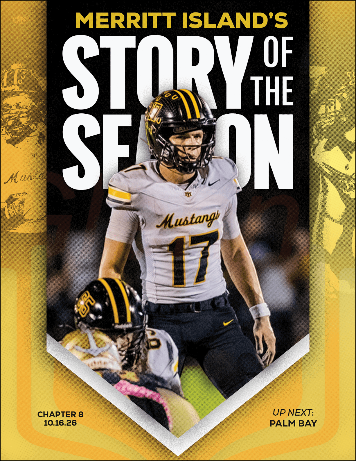 A person wearing a football uniform with the number 2 is running with the ball while being tackled by other players on a field, with bold text reading Merritt Island's Story of the Season. Description generated by AI