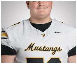 A person wearing a white sports jersey with the word Mustangs and a black and gold number on the front. Description generated by AI