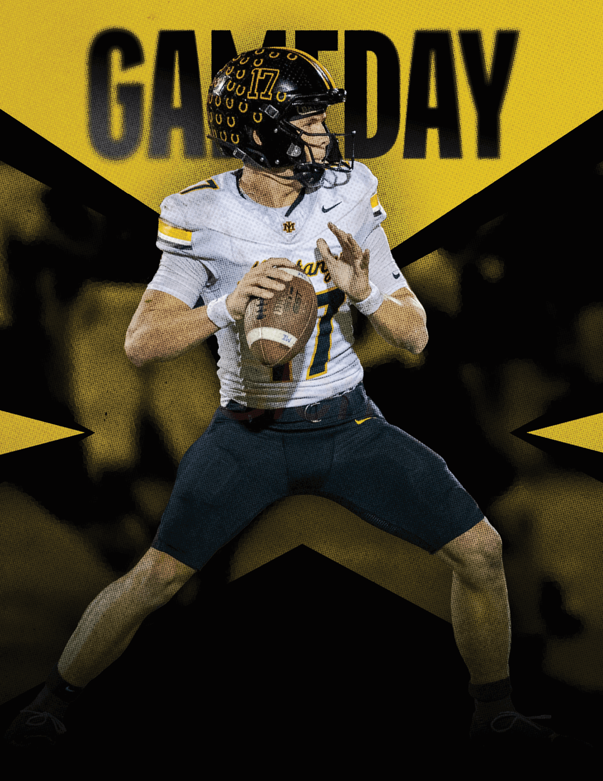 A person in a football uniform is poised to throw a football with the word “GAMEDAY" in bold letters behind them against a yellow and black star-shaped background. Description generated by AI