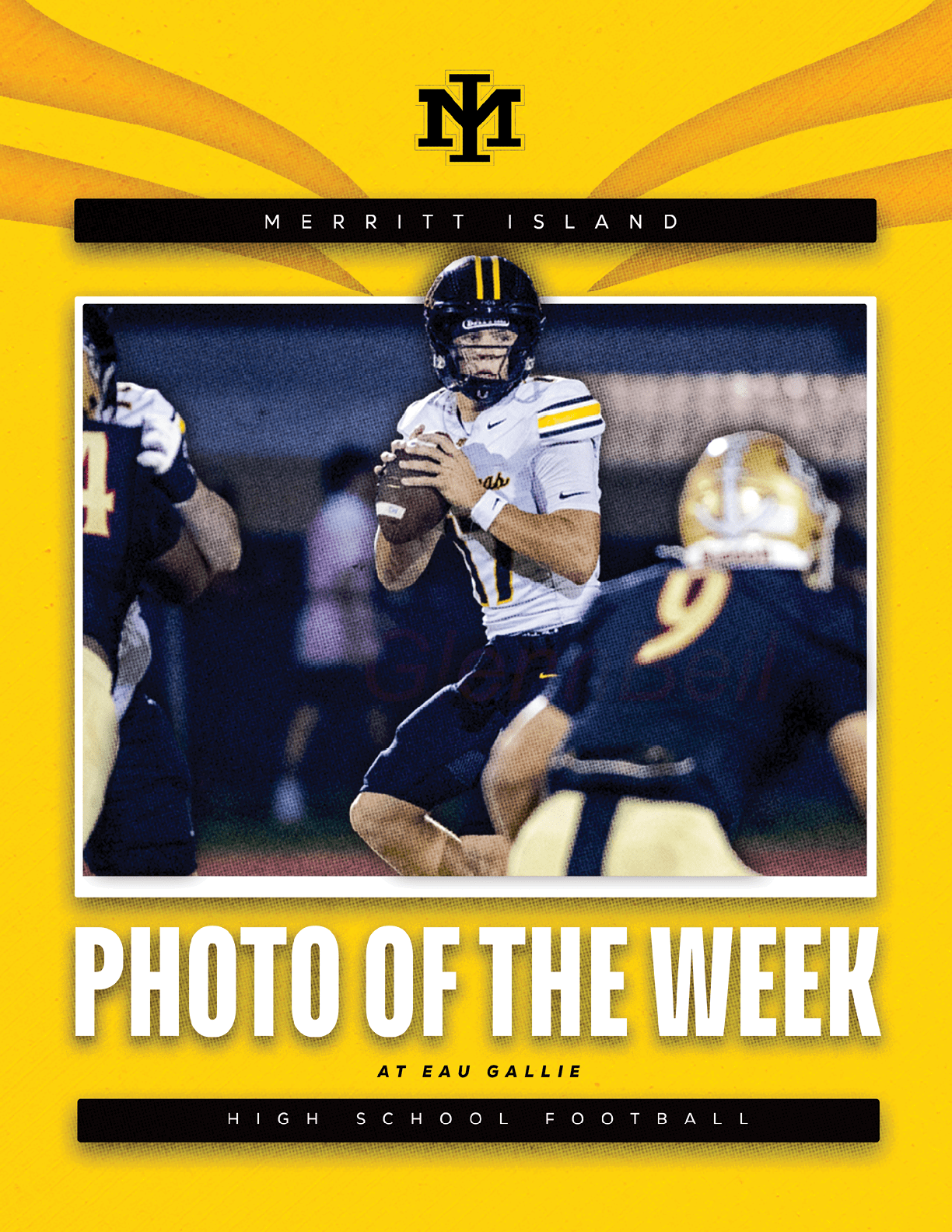 A person in a football uniform is preparing to throw a football while two other players in opposing uniforms are nearby on a field during a high school football game. Description generated by AI