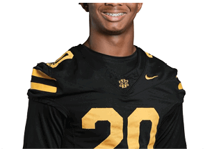 Person wearing a black sports jersey with the number 20 and a logo on the chest smiling. Description generated by AI