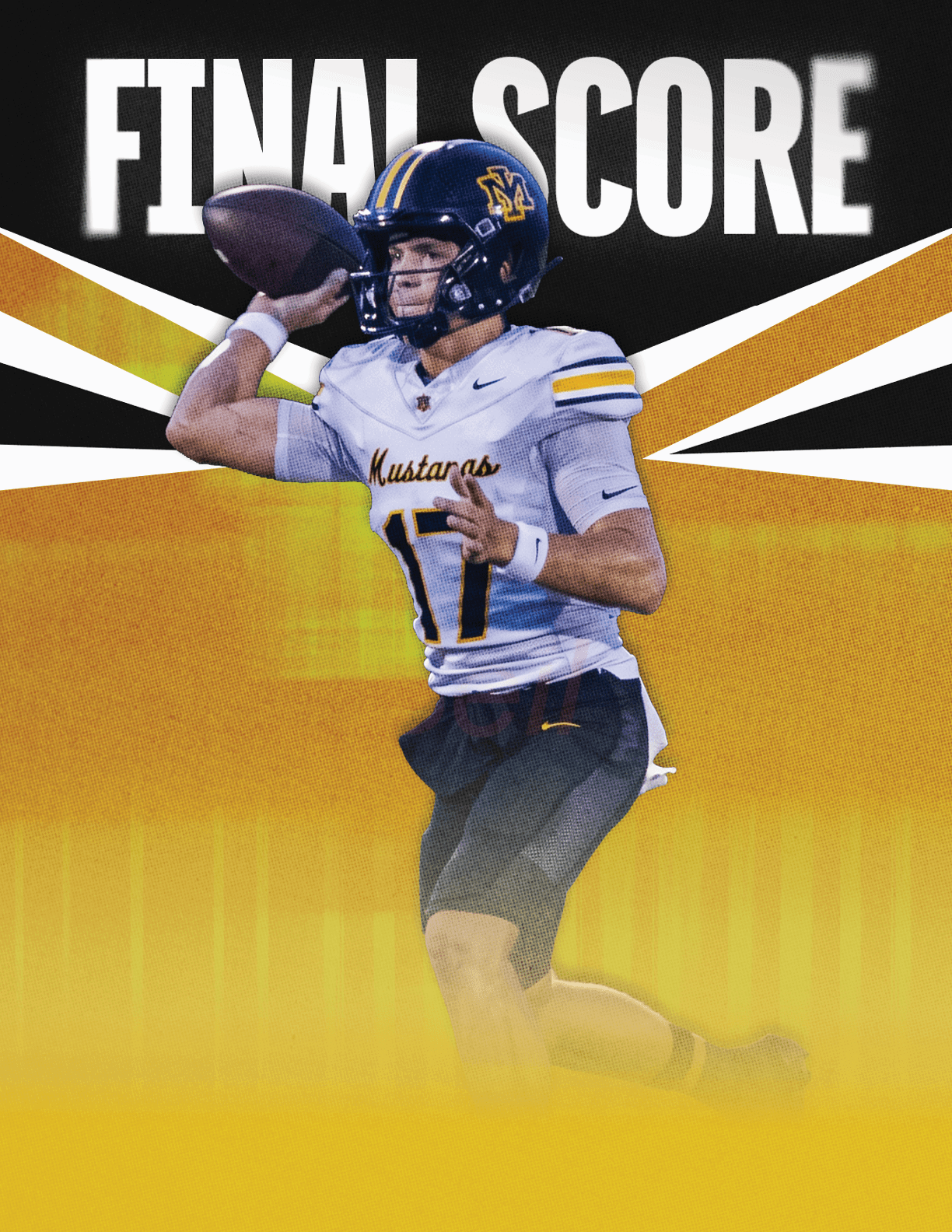 A person wearing a football uniform and helmet is preparing to throw a football with the word FINAL SCORE in bold letters behind them. Description generated by AI