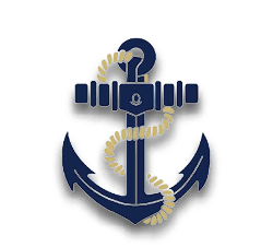 A stylized navy blue anchor wrapped with a beige rope and featuring a small omega symbol in the center. Description generated by AI