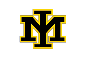 A bold black letter Y is centered and intertwined with large black letters M on each side, all outlined in yellow. Description generated by AI