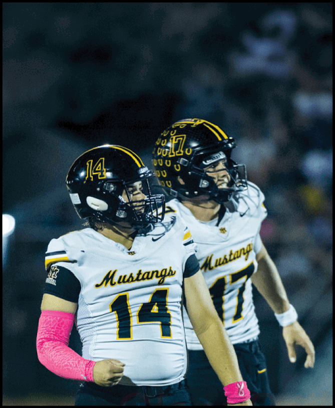 Three people wearing football helmets and uniforms are standing together on a field at night with a blurred crowd in the background. Description generated by AI