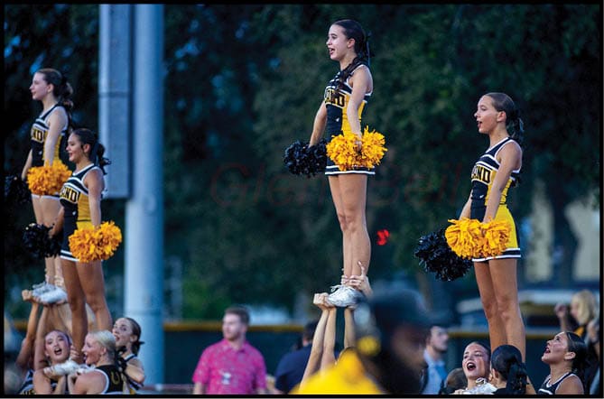 A group of cheerleaders in black and yellow uniforms perform a coordinated stunt outdoors with some standing on others' hands while holding black and yellow pom-poms. Description generated by AI