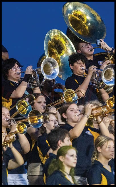 A group of people wearing matching dark shirts with yellow accents are playing brass instruments in an outdoor band setting against a clear blue sky. Description generated by AI