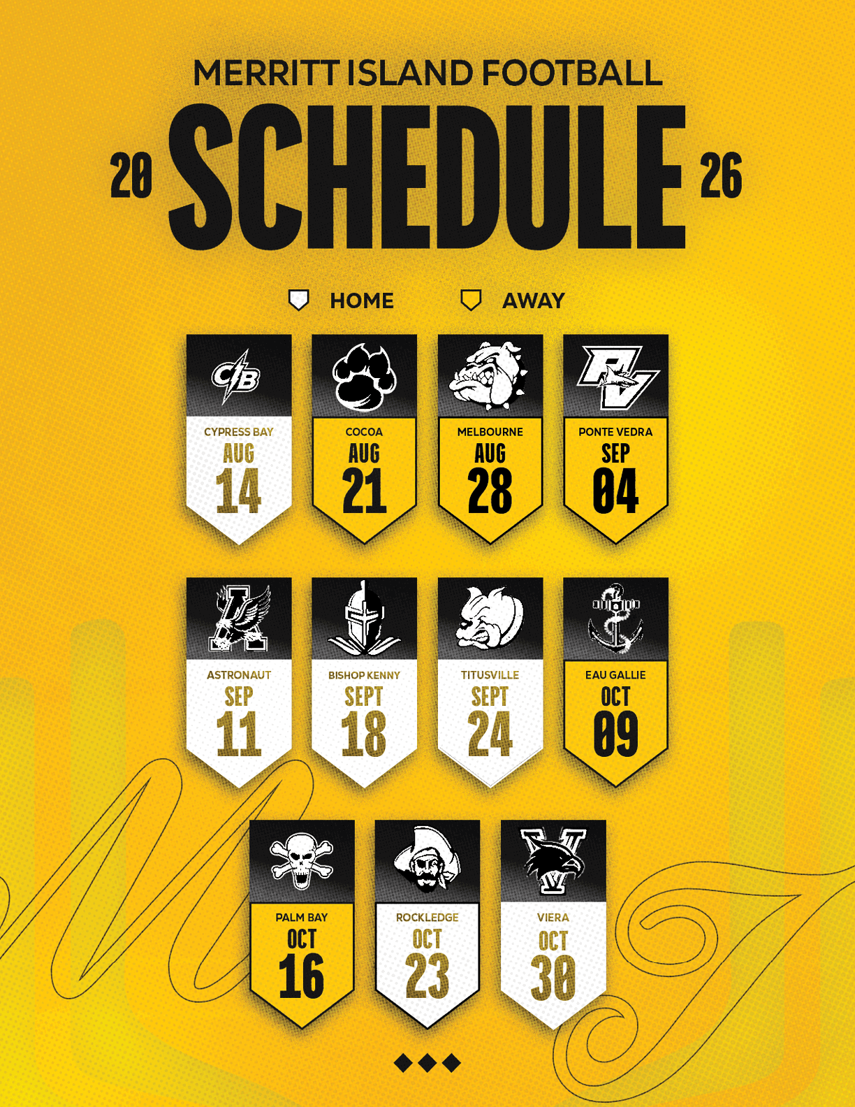 Merritt Island Football 2026 schedule displayed on a yellow background with team logos and dates for home and away games. Description generated by AI