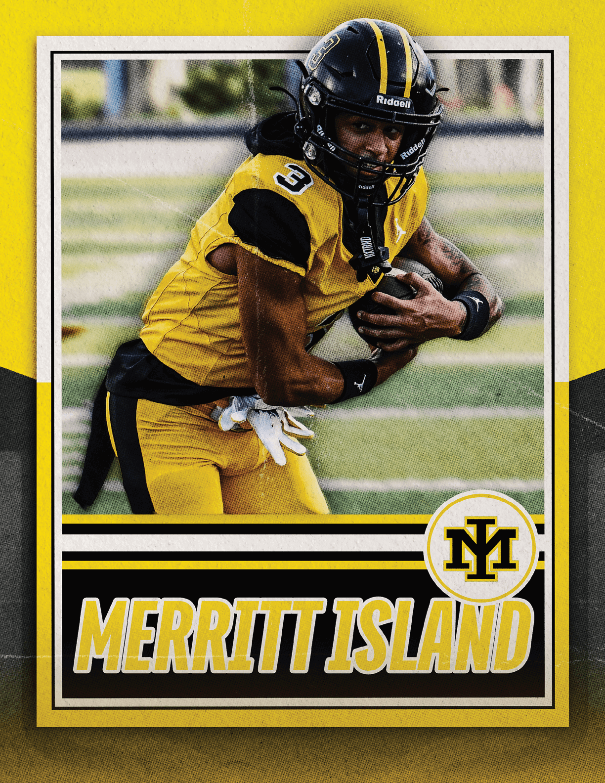 A person wearing a yellow and black football uniform with the number 3 is holding a football and running on a field with the text Merritt Island and a logo below. Description generated by AI