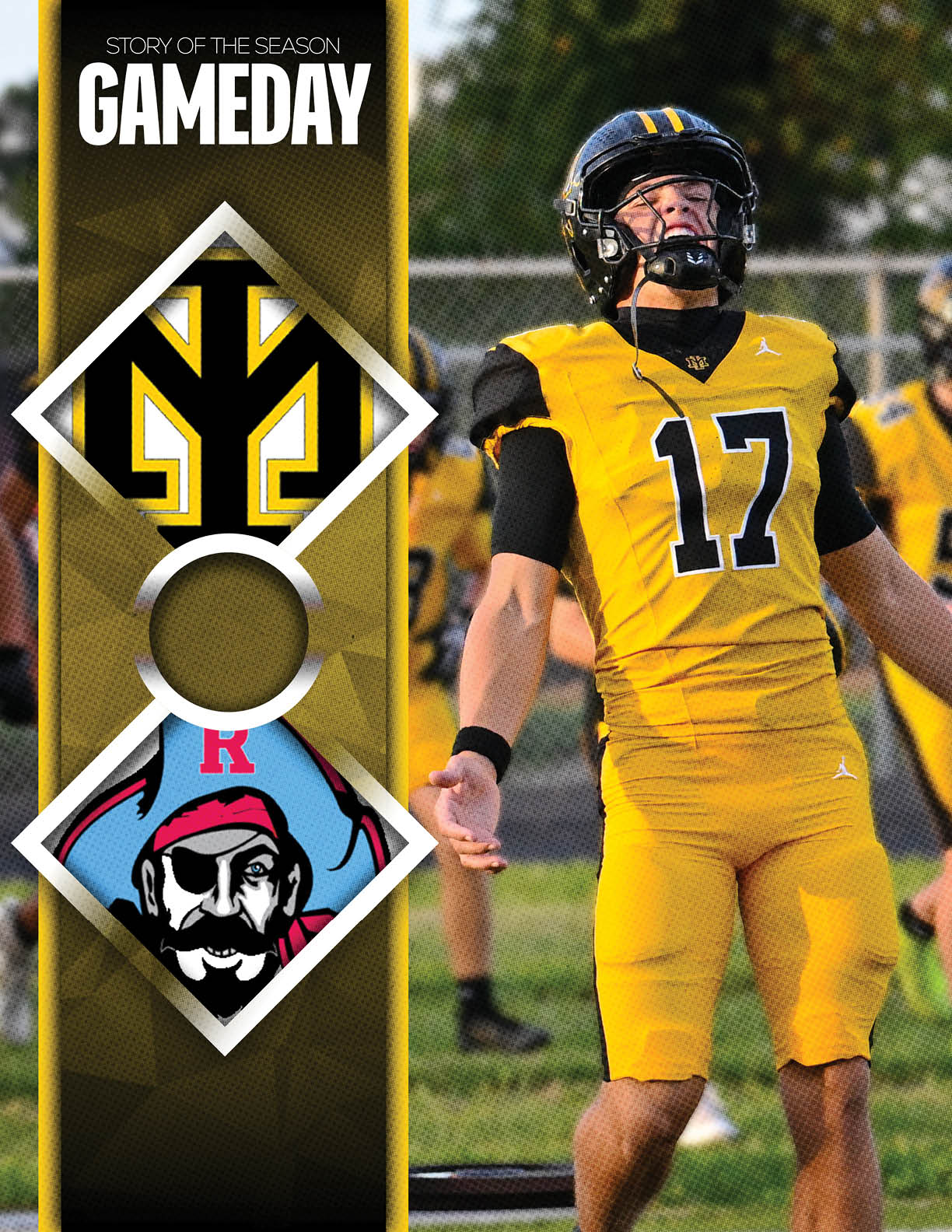 A person in a yellow football uniform with the number 17 and a black helmet stands on a field with a focused expression, alongside a vertical graphic featuring two team logos and the text “Story of the Season Gameday." Description generated by AI