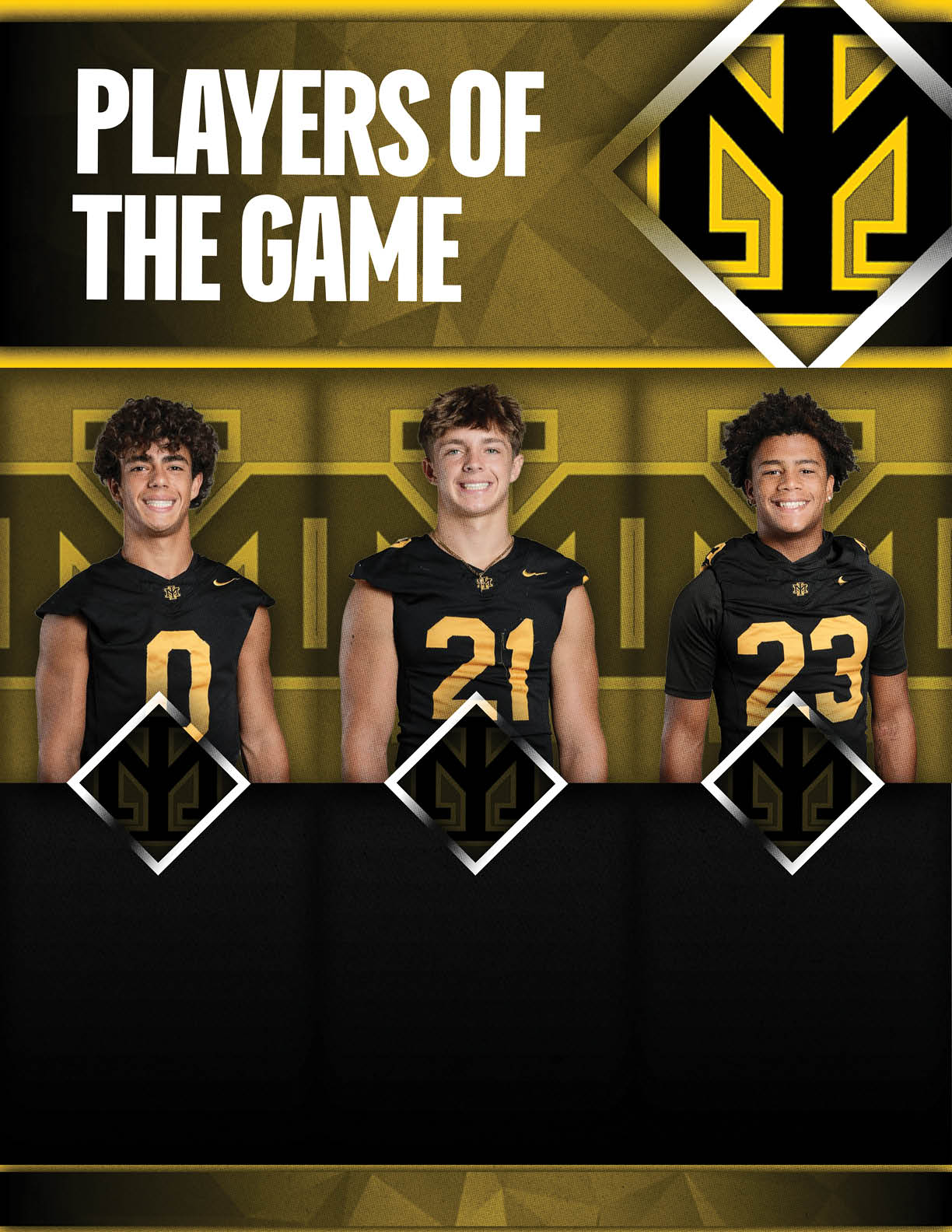 Three adults wearing black and gold sports jerseys with numbers 0, 21, and 23 stand side by side under a banner that reads “Players of the Game." Description generated by AI