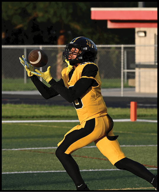 A person in a yellow and black football uniform is reaching up with both hands to catch a football on a grassy field. Description generated by AI