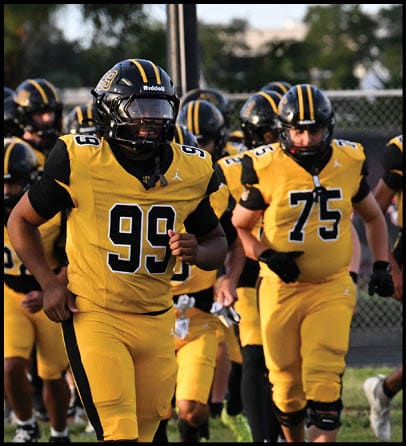 A person in a yellow and black football uniform with the number 17 is standing near a goalpost with “PIRA" written on it while other players in similar uniforms are in the background on a grassy field. Description generated by AI