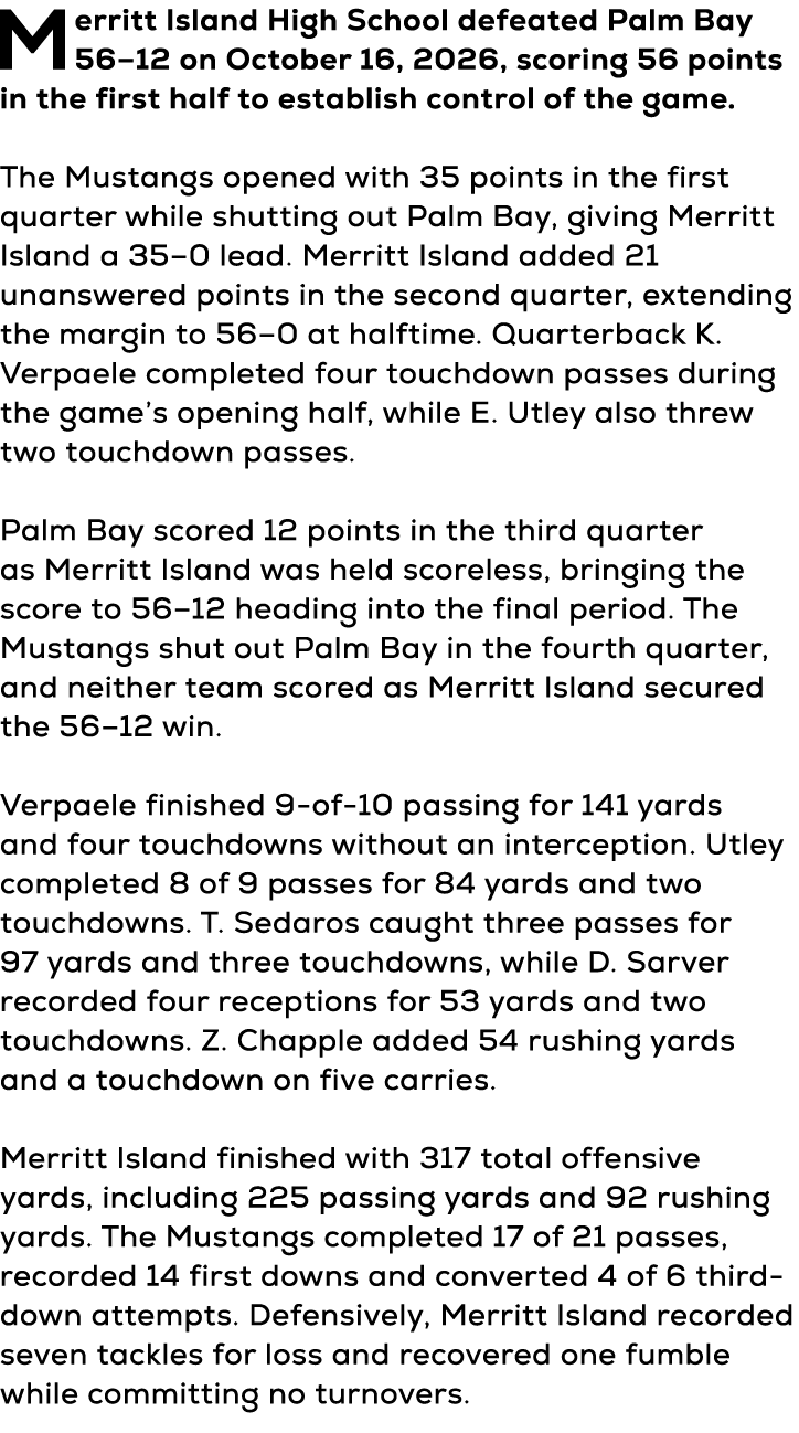 Merritt Island High School defeated Palm Bay 56–12 on October 16, 2026, scoring 56 points in the first half to establ...