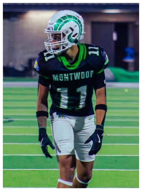 Two football players wearing black jerseys and holding hands. Description generated by AI