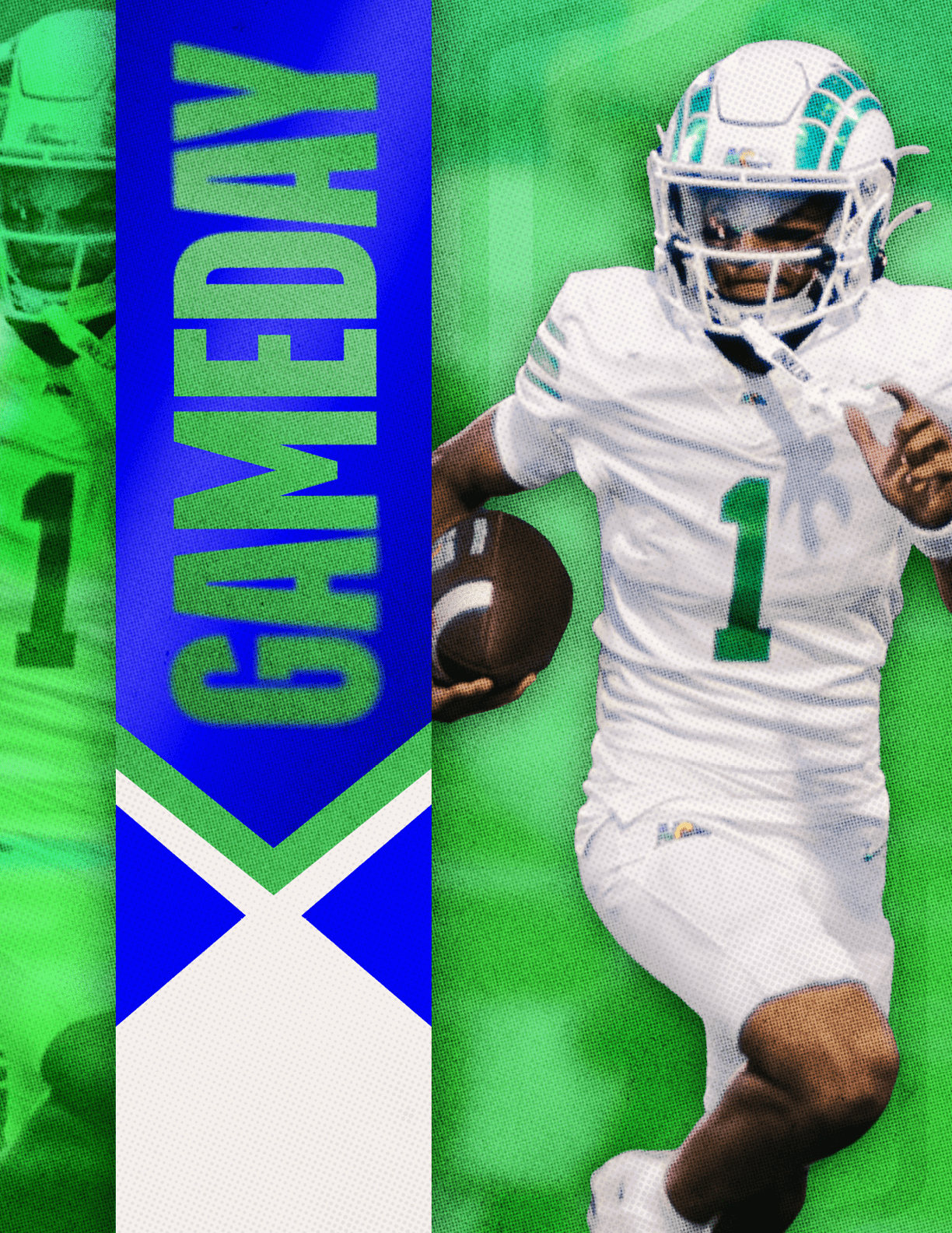 A football player is tackled by another player. Description generated by AI