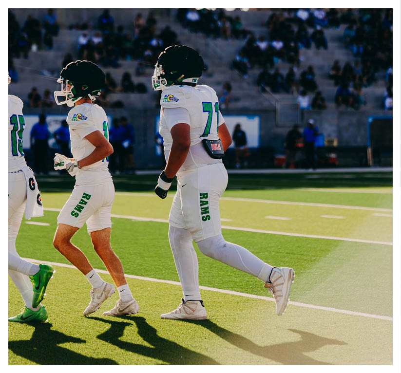 A football player wearing a blue and red jersey. Description generated by AI