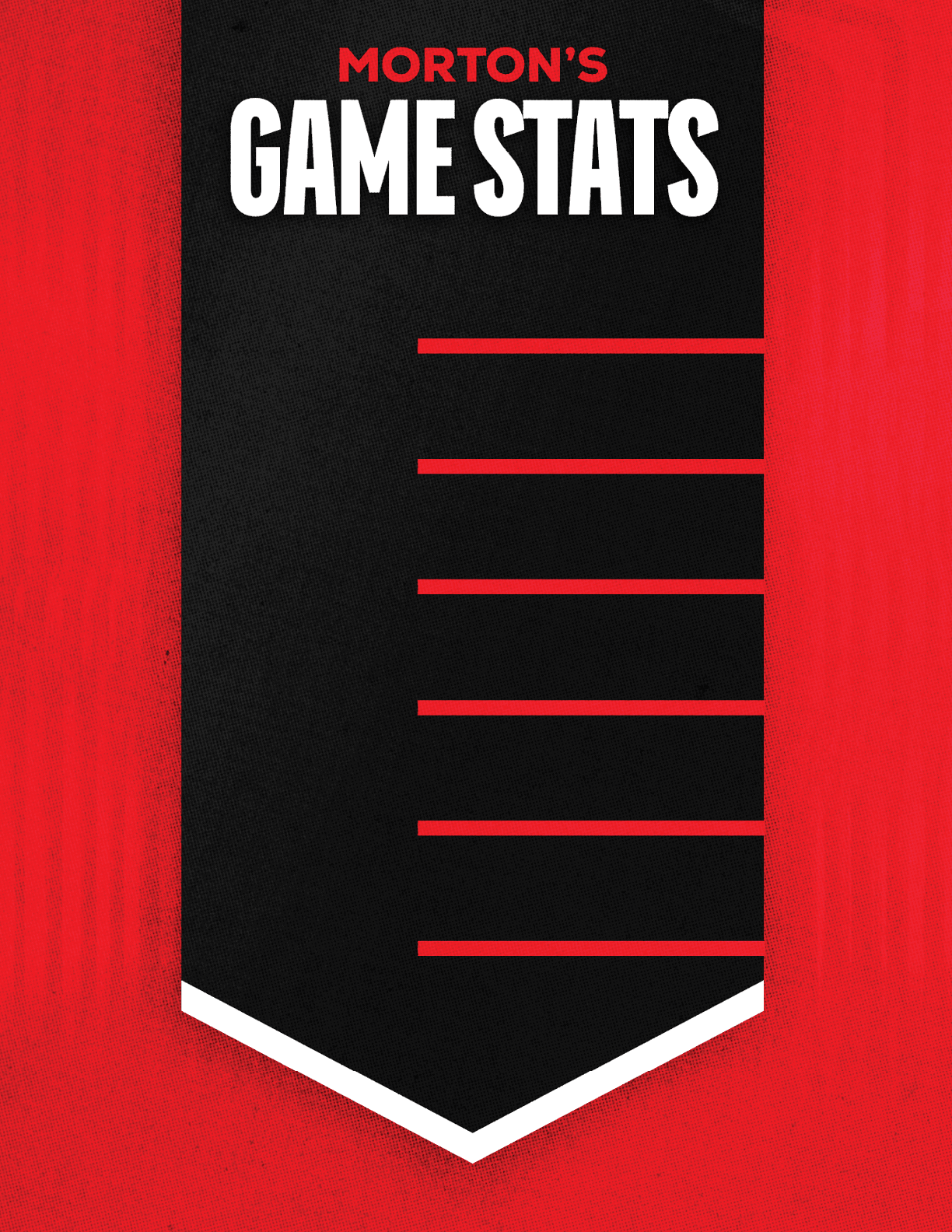 A black and red sports jersey with the text Morton's Game Stats at the top and red horizontal lines below for listing statistics. Descripci n generada con IA