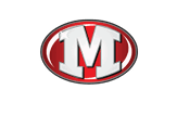 A bold white letter M with a slight shadow is centered inside a red oval with a black outline and a small white star-like sparkle on the upper left side of the letter. Descripci n generada con IA