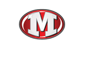 A bold white letter M with a slight shadow effect is centered inside a red oval with a black outline and a subtle shine on the top left. Descripci n generada con IA