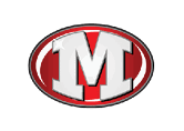 A bold white letter M with a slight shadow is centered inside a red oval with a black and gray outline. Descripci n generada con IA